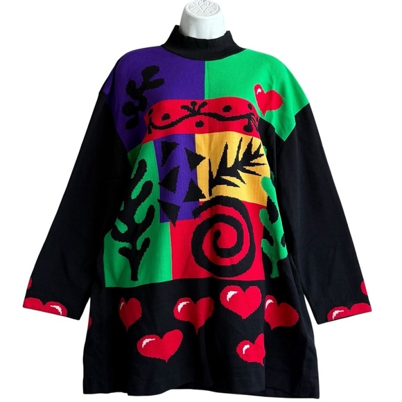 Vintage St. John Marie Gray Geometric Hearts Santana Knit Pullover Sweater Dress